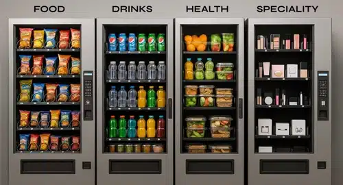 Four vending machines labeled Food, Drinks, Health, and Speciality, stocked respectively with snacks, beverages, fresh produce and meals, and beauty or cosmetic products.