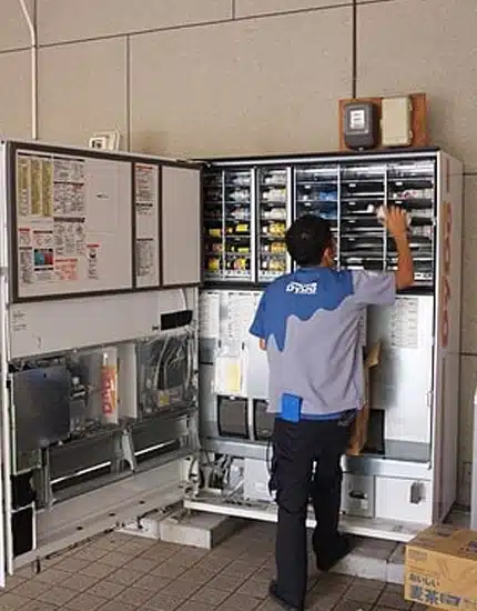 A person in a blue and gray uniform is restocking or repairing a vending machine with its front panels open, revealing various compartments and products inside. Boxes are placed on the ground nearby.