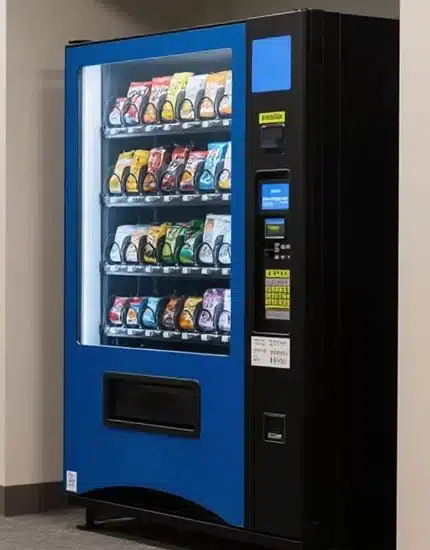 A blue vending machine with a glass front displaying rows of assorted snacks and chips, located in an indoor hallway. Payment options and buttons are visible on the right side of the machine.