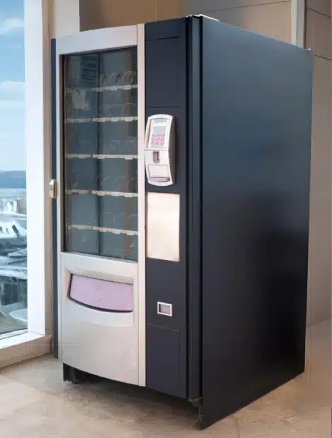 A black and silver vending machine with empty shelves stands indoors near large windows overlooking an outdoor area.