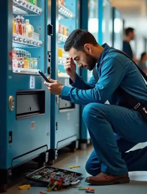 A man in blue work overalls kneels in front of a vending machine, holding his head in frustration while looking at his phone. Tools and small parts are scattered on the floor beside him.